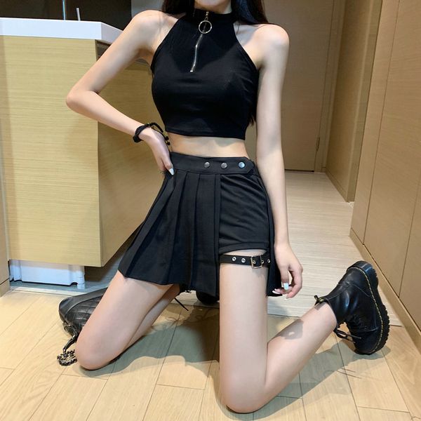 

summer new sense leg ring skirt pleated skirt short dark department female cool girl, Black