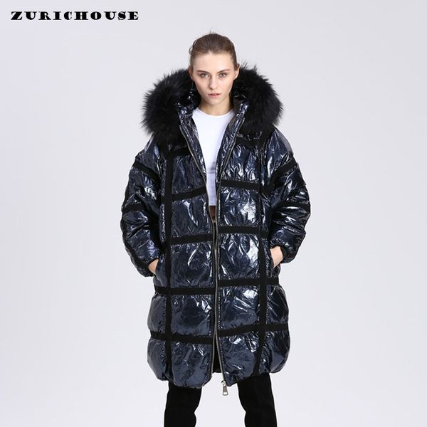 

winter 90% white duck down coat women hooded long jacket 2019 new oversized women's real raccoon fur collar silver down jacket, Black