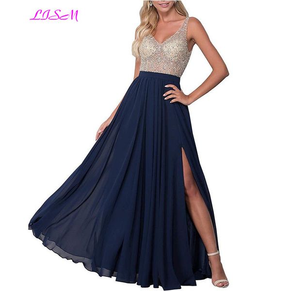 

deep v-neck illusion beaded crystals bodice prom dresses side split chiffon long evening gowns 2019 elegant party dress, White;black