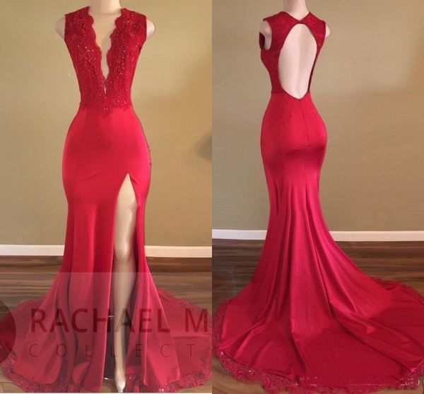 

Red 2018 Deep V Neck Mermaid Prom Dresses Lace Appliques Sleeveless Beaded Backless High Split Sweep Train Evening Party Gowns Party Dresses