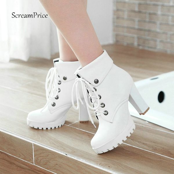 

women platform boots soft pu leather ankle boots fashion lace up square high heels autumn winter plus size shoes 2018 new, Black