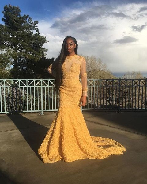 

желтый 2019 черные девушки русалка вечерние платья цветы ручной работы длинные рукава кружевное платье для выпускного вечера с аппликацией, Black;red