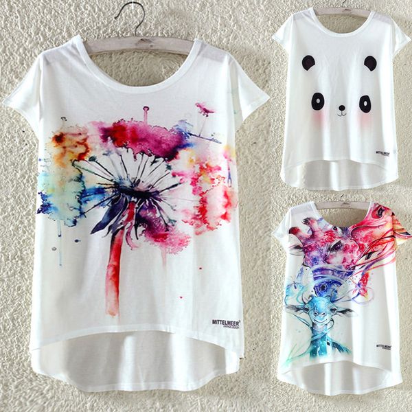 

fashion summer kawaii cute t shirt harajuku high low style floral print t-shirt short sleeve women plus size big picture, White