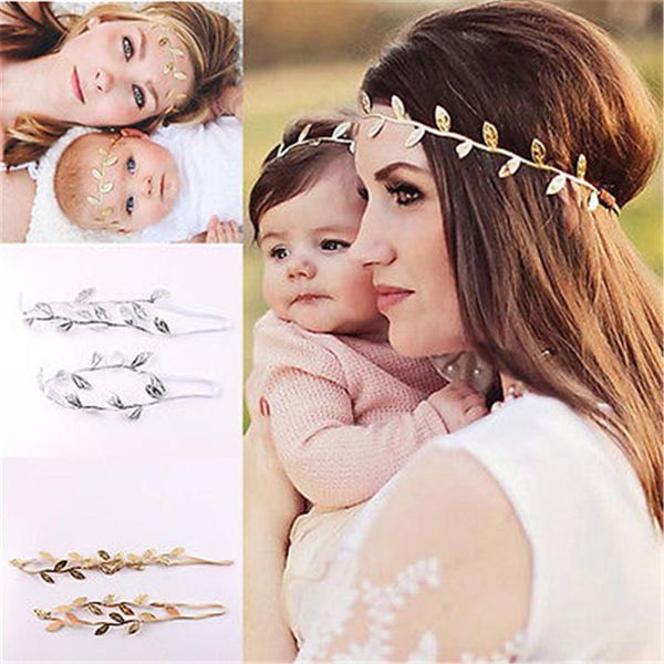 

1set mommy and me gold silver leaf headband set for hair accessories peace olive branch baby girl cute leaves infantil hairband, Slivery;white