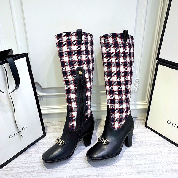 

authentic women's boots new autumn and winter ladies plaid tweed fashion knee boots high-heeled fashion martin boots tide high quality