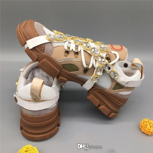 

2019 latest flashtrek sneaker with removable crystals, women mens designer sneakers hiking boots brown leather with box size 35-46, Black
