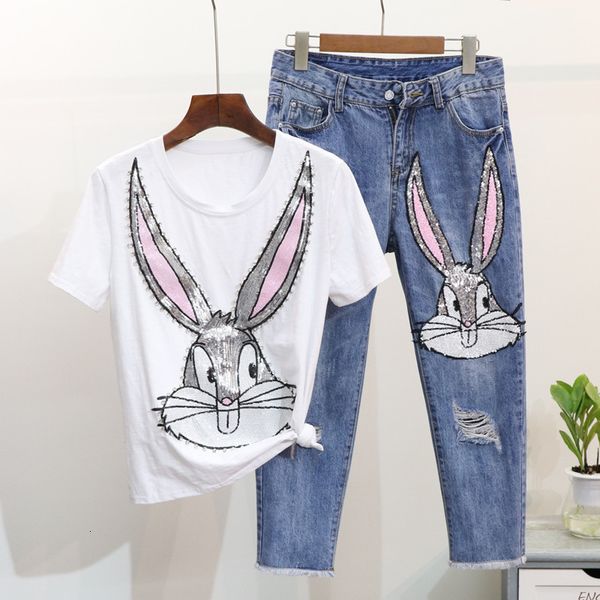 

casual women sequins t shirts pants suits cartoon printed woman loose tshirt sequins calf length denim trousers sets, White