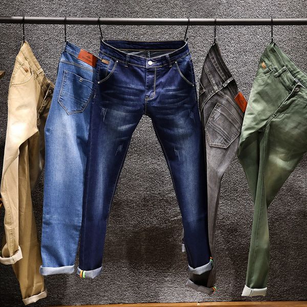 

2019 korean edition spring summer jeans elastic small pants men's wear ripped jeans for men mw309, Blue
