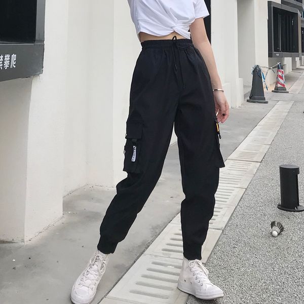 

big pockets cargo pants women high waist loose streetwear pants baggy tactical trouser hip hop joggers pants, Black;white