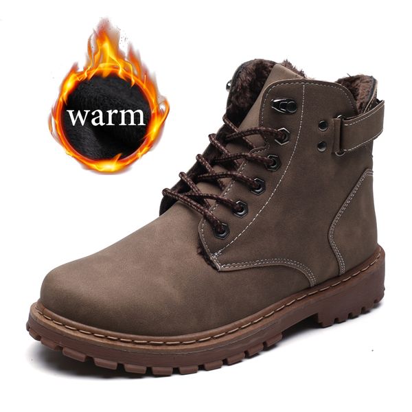 

autumn winter new pu leather ankle snow men boots shoes motorcycle with fur plush warm vintage classic male casual booties, Black