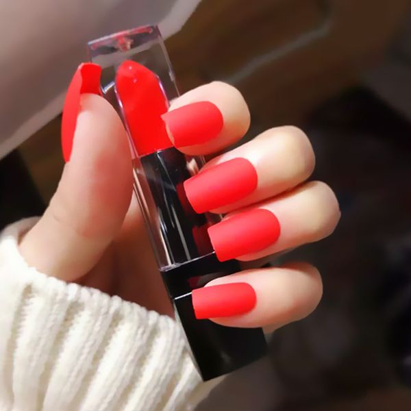 

factory wholesale red long flat head frosted nail fake nail finished patch fleshy art nail piece, Red;gold