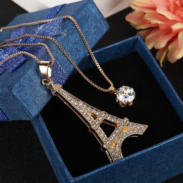 

fashion jewelry rhinestone female wedding crystal tower long necklace golden plated sweater chain pendants necklaces for women