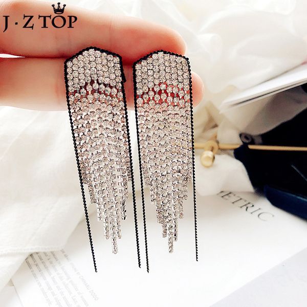 

jzexaggerate metal full rhinestone long tassel earrings for women shiny crystal dangle earring female wedding jewelry brinco, Golden
