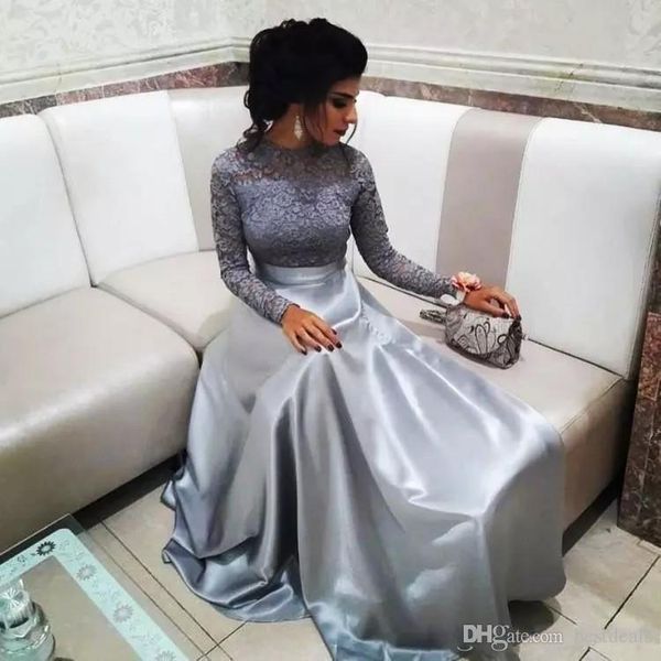Dubai arabo argento pizzo abiti da sera maniche lunghe collo alto abito da ballo lunghezza del pavimento eleganti abiti da sera formali 2019 robes de soir￩e