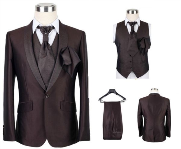 

коричневый блейзер отворот жених свадьба формальный повод мужчины slim fit выпускной костюм куртка 3 шт. одежда (куртка+брюки+жилет, White;black