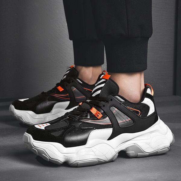 

summer athletic shoes men punched sheet surface casual running shoes white trend versatile thick bottomed dad shoe men trend cs09, Black