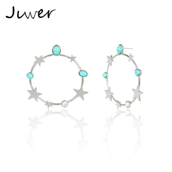

jlwer jewelry silver gold blue stone big circle round hoop earrings basketball creole five pointed star stud earrings for women, Golden;silver