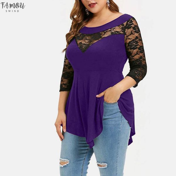 

plus size women blouse solid floral lace broadcloth o neck asymmetric three quarter ladies summer fashion females loose blouse g8, White