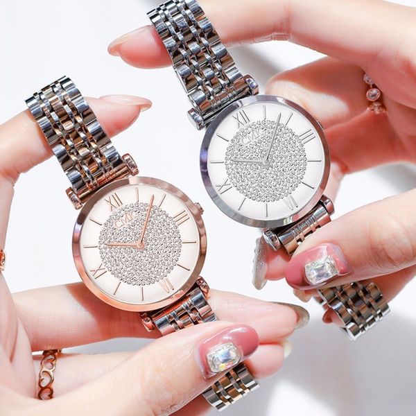 

women dress bracelet watches minimalist style rhinestone diamond ladies quartz clock casual steel belt waterproof wristwatch top, Slivery;brown