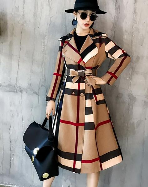 

new women's lapel in the long paragraph simple color matching retro jacket autumn and winter temperament coat trench coat, Tan;black