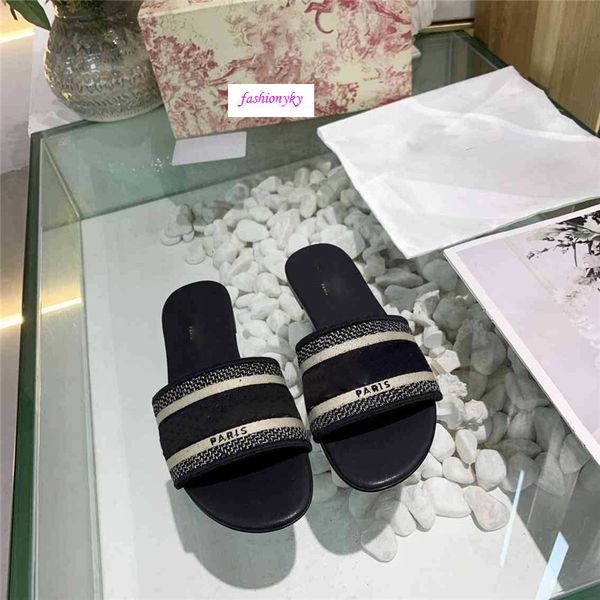 

original box dazzle flowers women designer slippers flat bottom embroidery sandal floral brocade striped beach causal sandals, Black