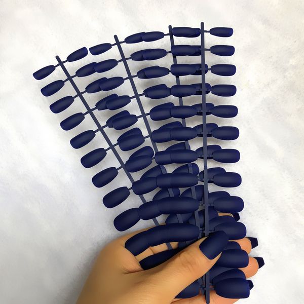 

new matte dark blue medium flat head stiletto nails burgundy false nails design full cover pure colour press on s28, Red;gold