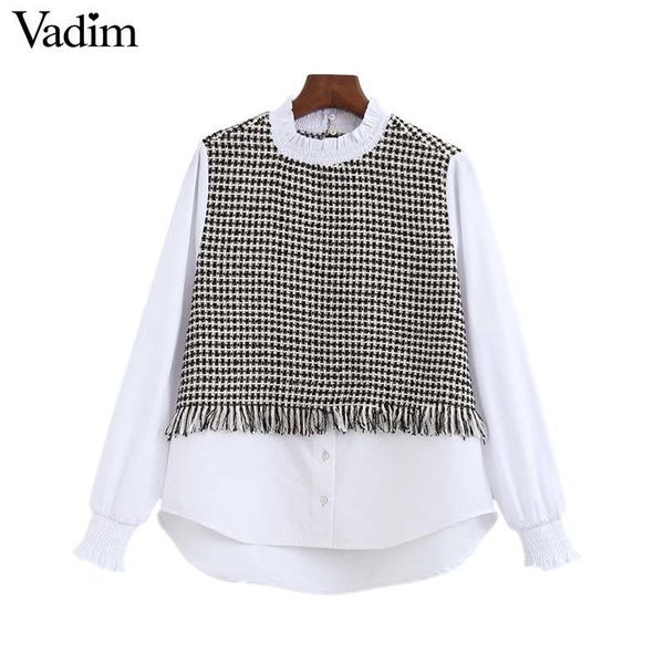 

vadim женщина элегантного твидовая лоскутная блузка с длинным рукавом трепал воротник рубашка сладкого стиля опрятной женщина случайный шик, White