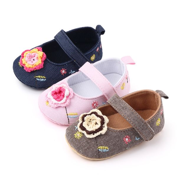 

2020 Toddler Newborn Baby Crib Shoes Bow Embroidery Princess Baby Soft Sole Anti-Slip Prewalker For Baby Girls First Walk