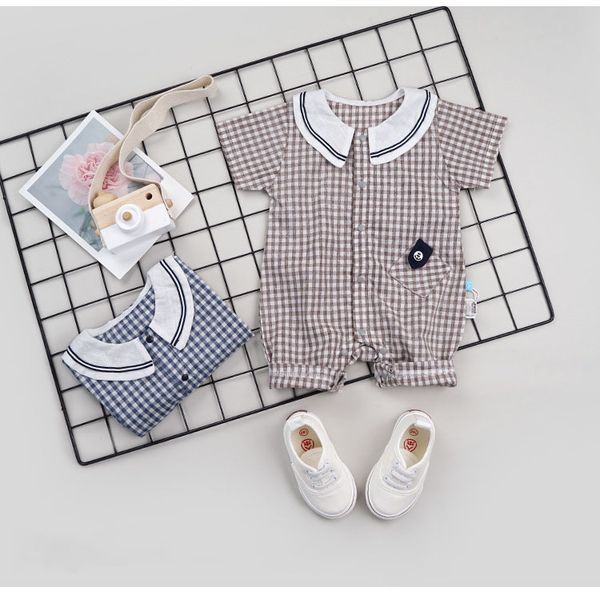 

kids summer rompers baby girl boys summer short sleeve lapel clothing new arrival print plaid jumpsuits child one piece jumpsuits, Blue