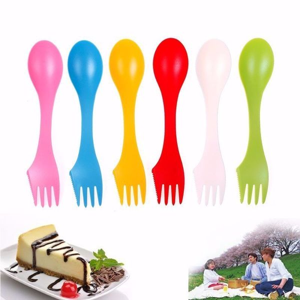 

6pcs/set 3 in 1 spoon fork knife outdoor camping hiking utensils plastic spork combo travel tableware