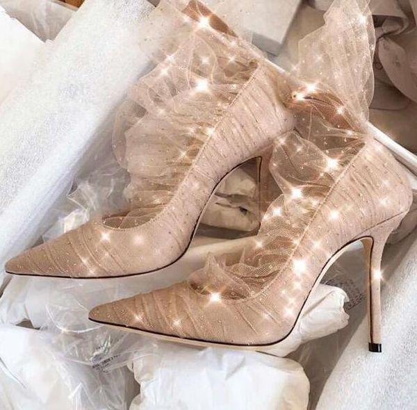 

New women's shoes for early spring 2019 sequin mesh lace high heel stiletto back zipper pointed shoes ladies single Pointed sexy dream shoes