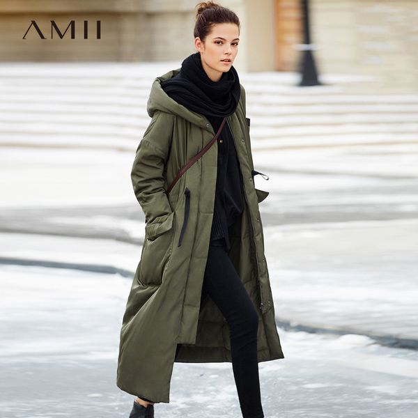 

amii minimalist women 2018 winter solid losse long drawstring hoodies pocket 90% white duck down coat, Black