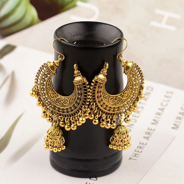

anqi boho vintage jhumka small bell tassel drop earring gypsy jewelry alloy carved dangle hanging earrings for women, Silver