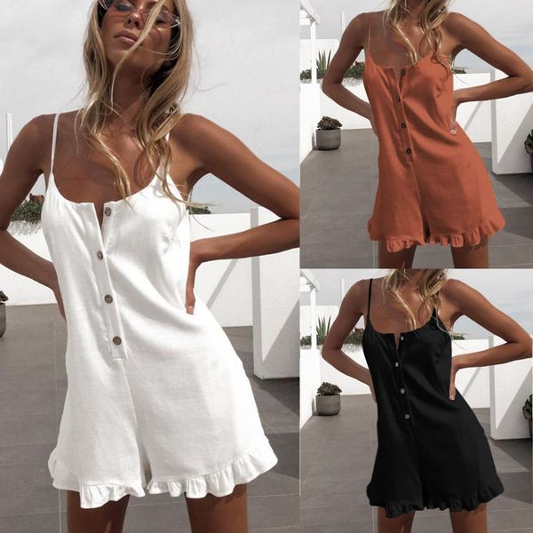 

2020 spring and summer sling open half access control hem ruffled jumpsuit shorts 3 colors casual jumpsuit, Black;gray