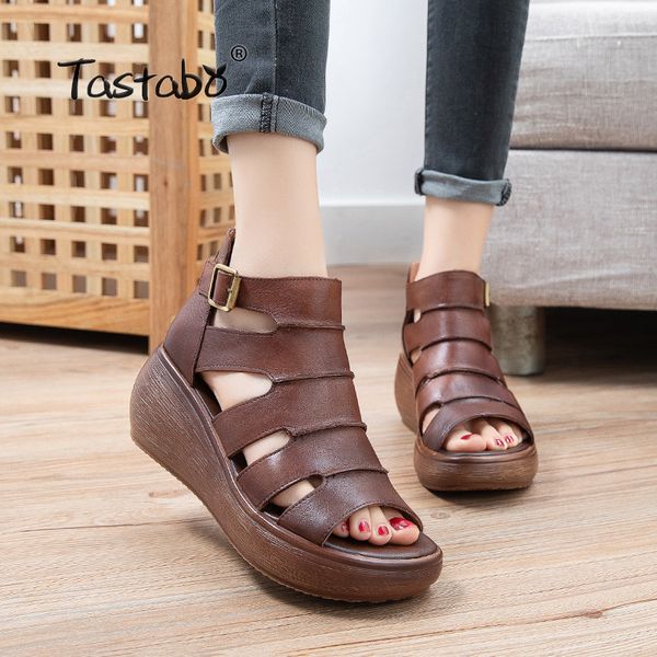 

tastabo genuine leather ladies sandals openwork flat set beach shoes s2618 brown apricot color summer daily sandals leisure, Black