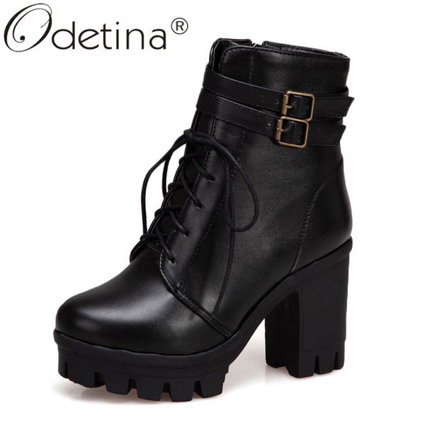 

odetina women thick block hgih heel buckle strap ankle boots lace up booties zip comfort casual round toe winter shoes big size, Black