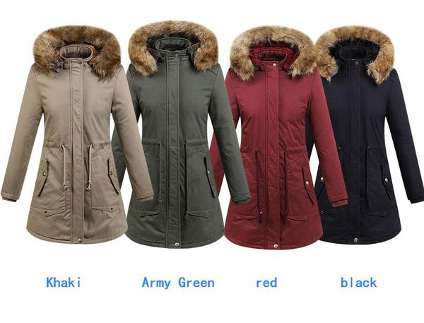 

womens winter jackets 4 colors long casual cotton hooded coat slim hooded fleece warm coats fur hats detachable long coat, Black;brown