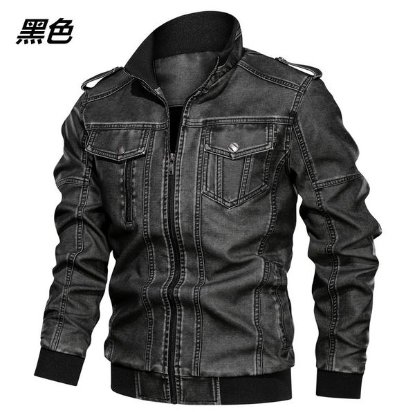 

2019 men's new winter collar young tough style leisure leather epaulettes and velvet with thick leather jacket, Black