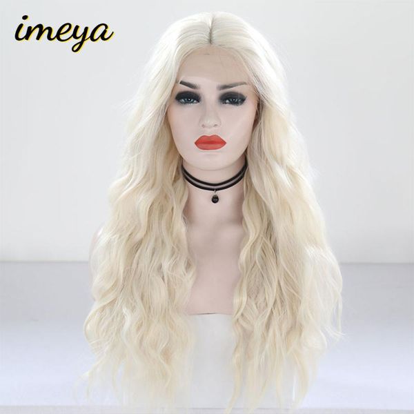 

imeya body wave blonde color long synthetic lace front wigs heat resistant fiber half hand tied hair wigs for women 150% density, Black