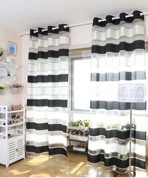 

deco white and black stripe tulle/yarn/voile blind curtains for living room,window sheer panels door partition curtain
