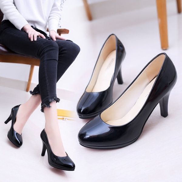 

2019 spring new style thin heeled shoes semi-high heeled work shoes patent leather shallow mouth round waterproof platform forma, Black