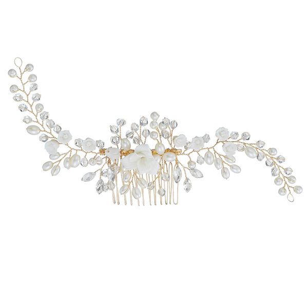 

rhinestone hair comb imitation pearl soft flower hair accessories for wedding bride bridesmaid js26, Golden;white