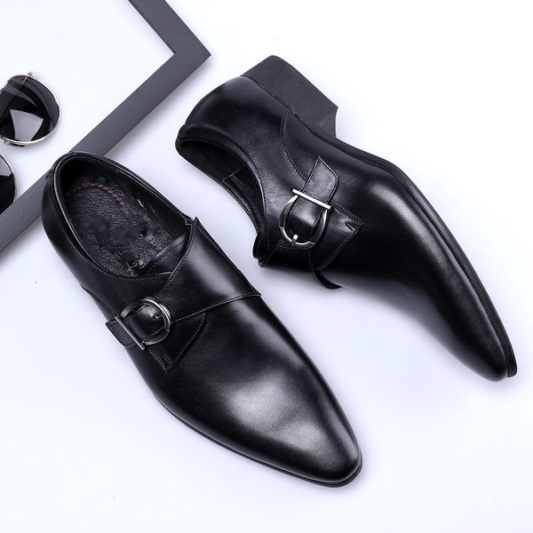 

new pointed business leather shoes mens genuine buckle european version of the metal buckle mens dress-style high-end, Black