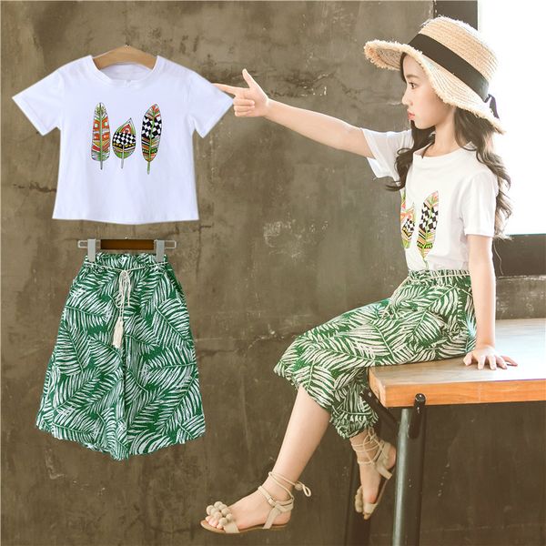 

2020 summer new fashion girls clothes printed short sleeve t-shirt shorts 2pcs children girls clothing suit 4 6 8 10 12 14y t200526, White