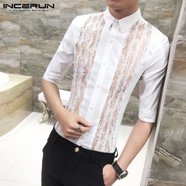 

incerun fashion men dress shirt half sleeve lace patchwork korean blouse slim chic lapel casual nightclub party shirts mens, White;black