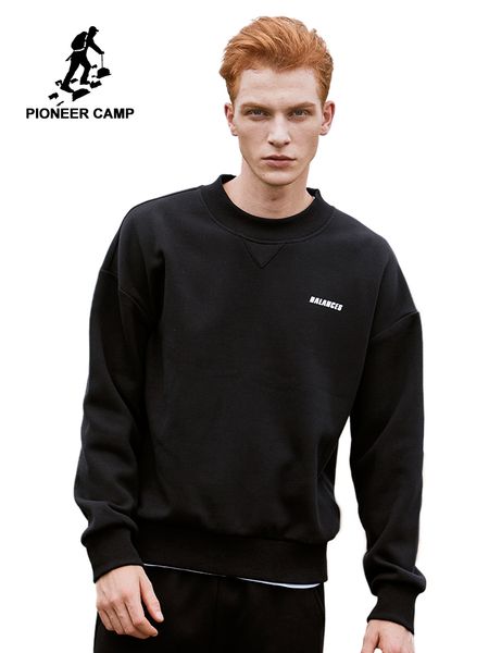 

pioneer camp winter thick sweatshirt men 100%cotton warm fleece solid color streetwear tracksuit male awy908212, Black