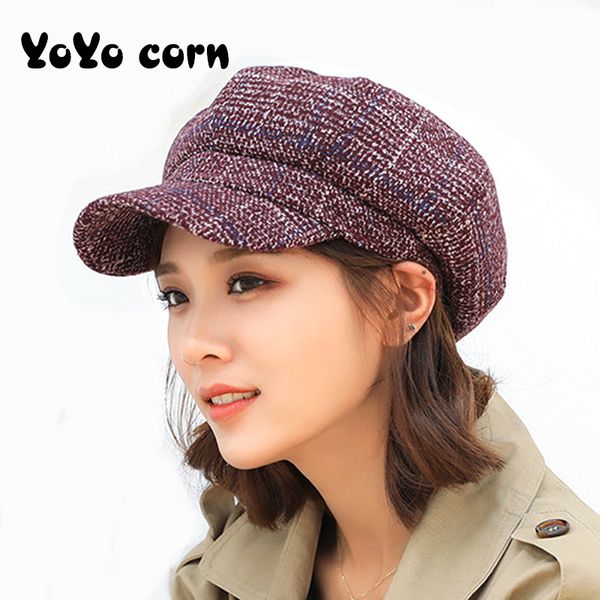 

yoyocorn женщин осень и зима новый литературный ретро утолщение утиный язык шляпа дамы решетки восьмиугольная крышка повседневная берет, Blue;gray