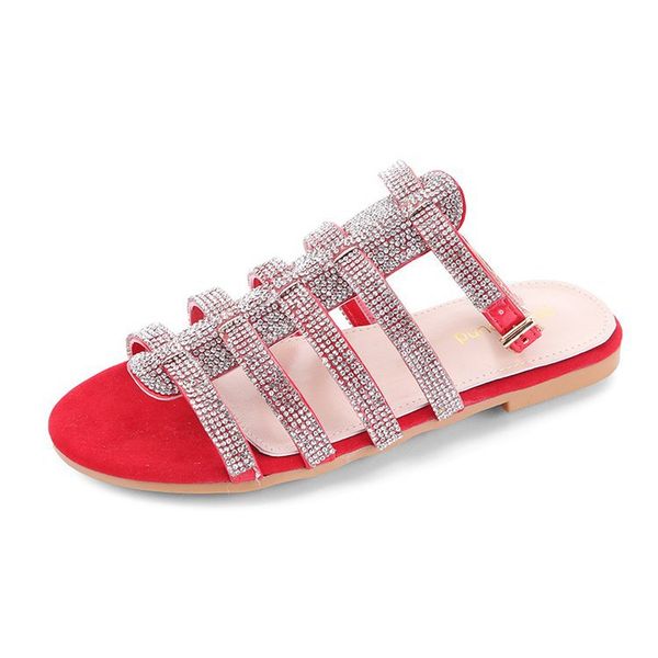 

new cross-border large size rhinestone flat sandals female 2020 wild casual buckle fish mouth sandals, Black
