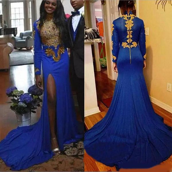 

split mermaid evening dress 2020 royal blue gold applique abiye arabia robe de soiree party prom formal pageant dresses, Black