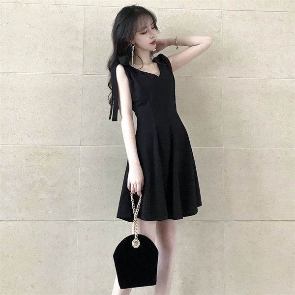 

chamsgend women' v-neck pure colour bow braces dress knee length sleeveless party dresses vestidos summer dress, Blue;gray